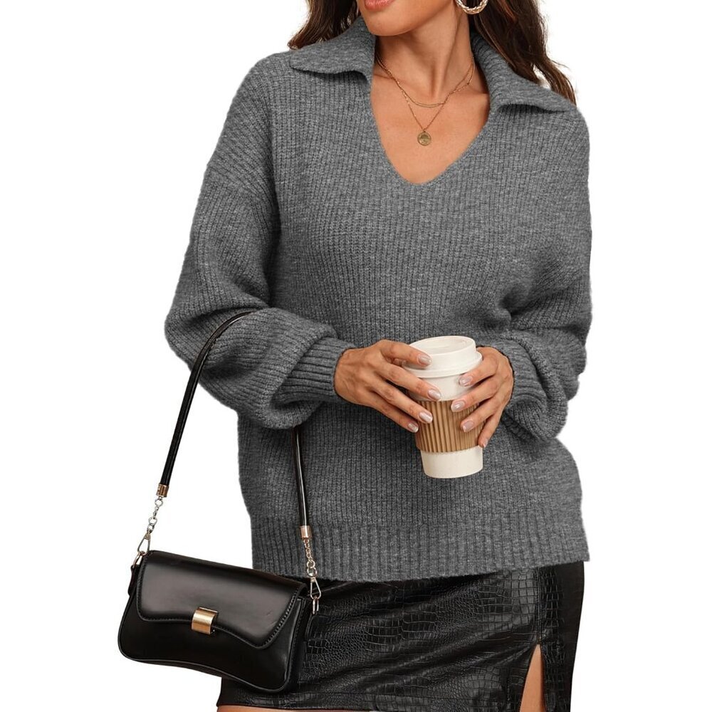 Women’s Oversized Knit Sweater V-Neck Lapel Collar Fall Winter Casual